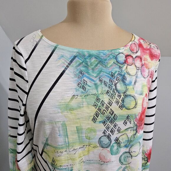 Zenergy by Chico's White Multi Stripe Floral Tunic 3/4 Sleeve Top Size Medium - Picture 5 of 14